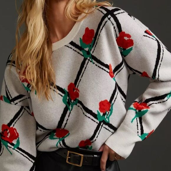 Anthro XXSP Maeve White Oversized Crop Crewneck Trellis Floral Pullover - Picture 7 of 17